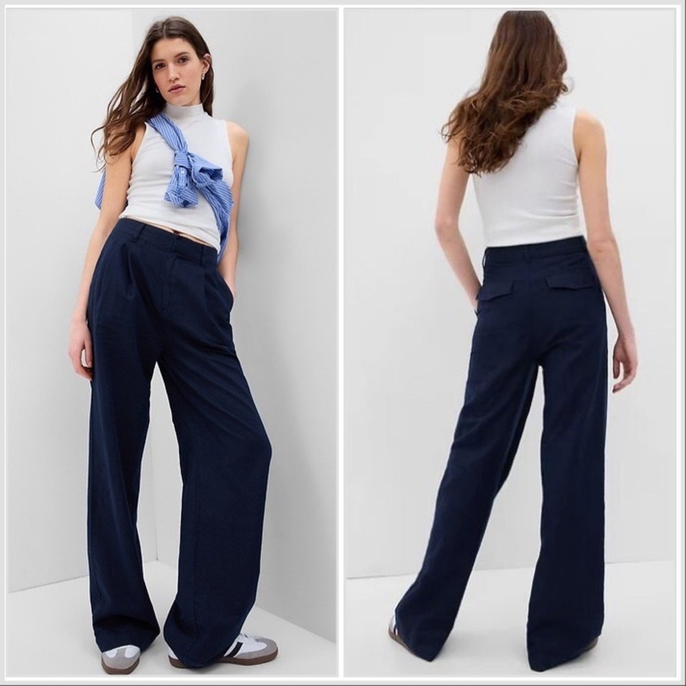 NWT‎ $90 GAP Linen Cotton Pleated Pants Navy Blue 2P Petite Relaxed Wide Leg